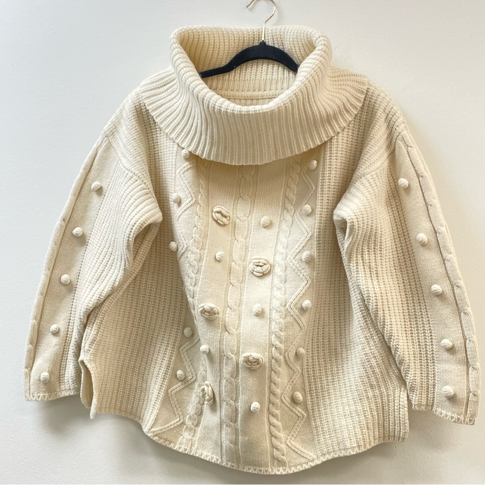 Oversized cowel neck chunky sweater w raised pom poms and roses. Hong Kong